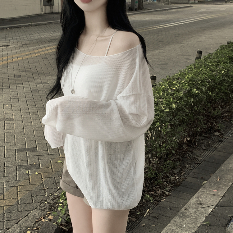 シースルーボートネックオフショル長袖ニットTシャツ(6color) IVORY