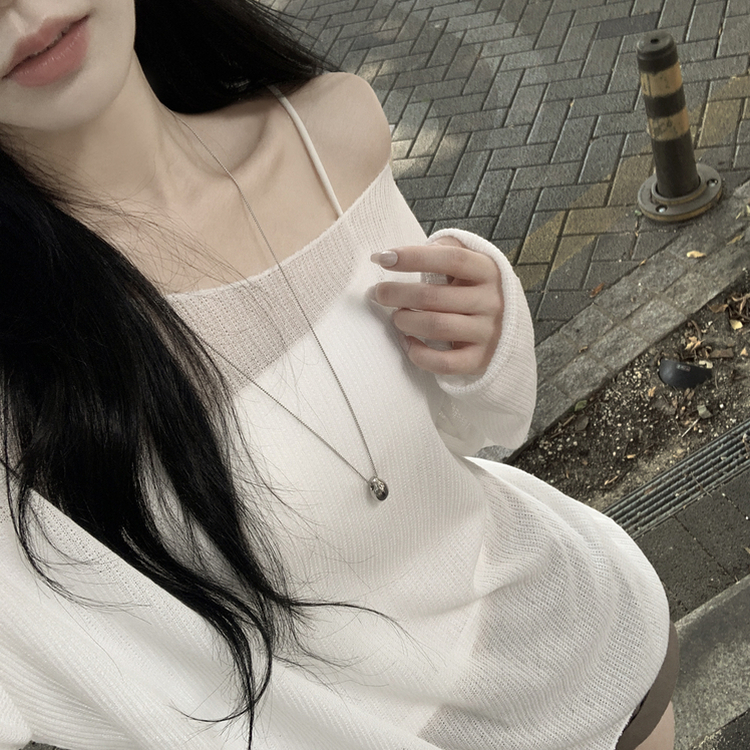 シースルーボートネックオフショル長袖ニットTシャツ(6color) IVORY