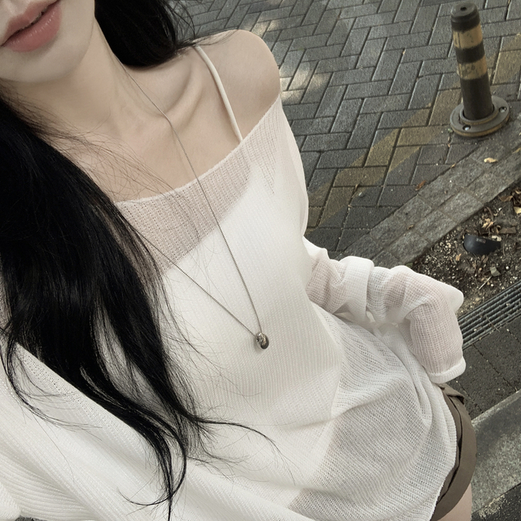 シースルーボートネックオフショル長袖ニットTシャツ(6color) IVORY