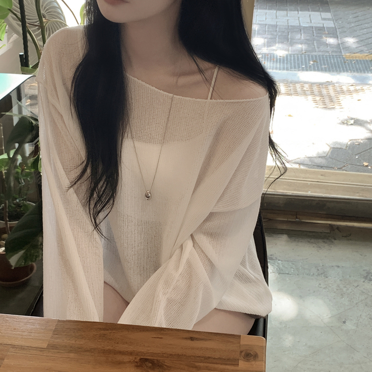 シースルーボートネックオフショル長袖ニットTシャツ(6color) IVORY