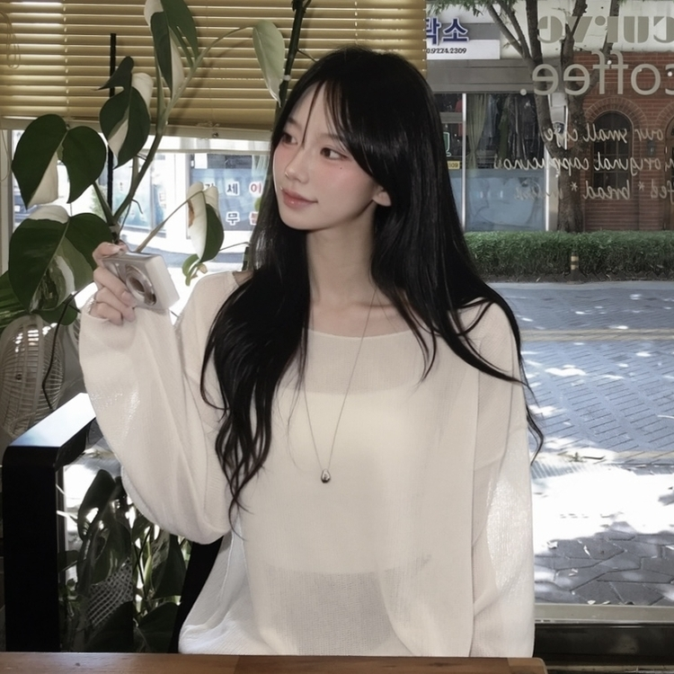 シースルーボートネックオフショル長袖ニットTシャツ(6color) IVORY