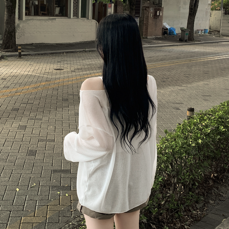 シースルーボートネックオフショル長袖ニットTシャツ(6color) IVORY