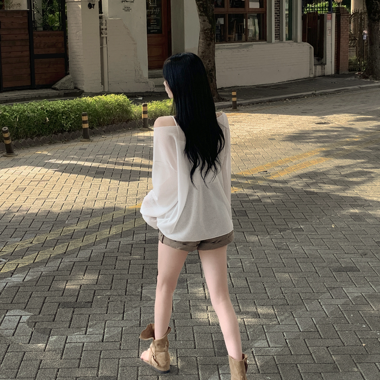 シースルーボートネックオフショル長袖ニットTシャツ(6color) IVORY