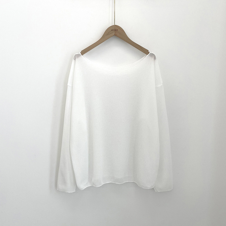 シースルーボートネックオフショル長袖ニットTシャツ(6color)