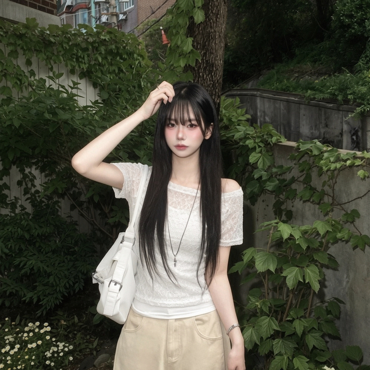 【SET】レースオフショル半袖Tシャツ＋ホルターネックタンクトップ IVORY