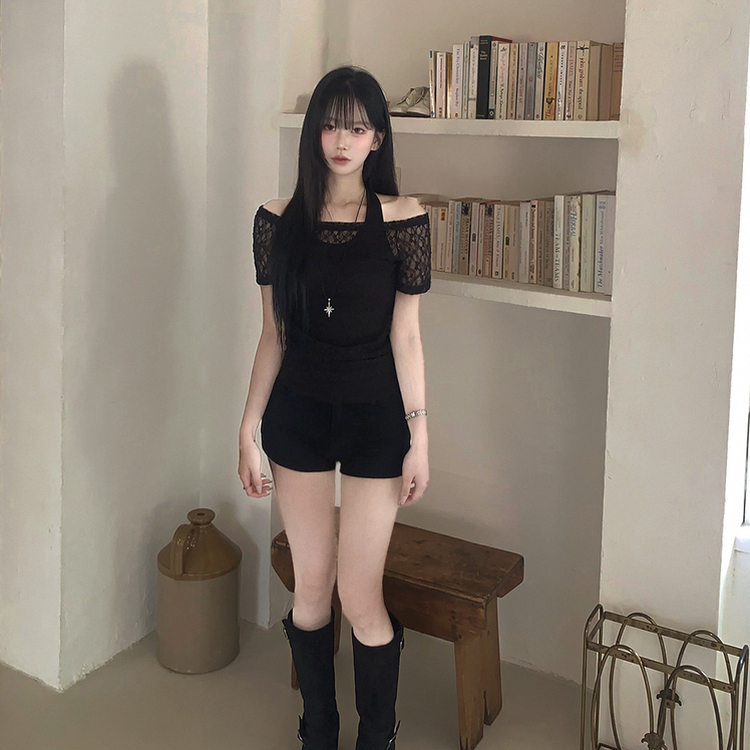 【SET】レースオフショル半袖Tシャツ＋ホルターネックタンクトップ BLACK