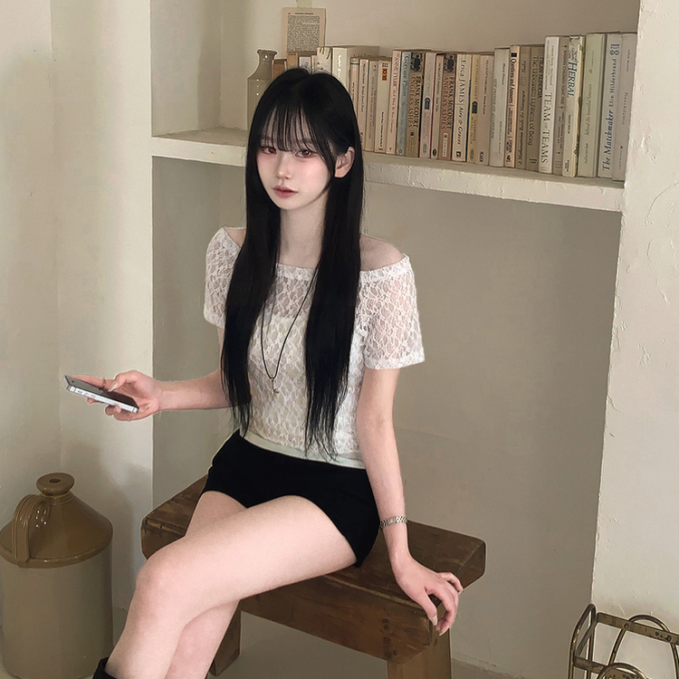 【SET】レースオフショル半袖Tシャツ＋ホルターネックタンクトップ MINT