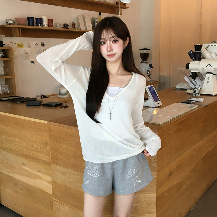 ディープVネックシアーレイヤード長袖ニット(5color) IVORY