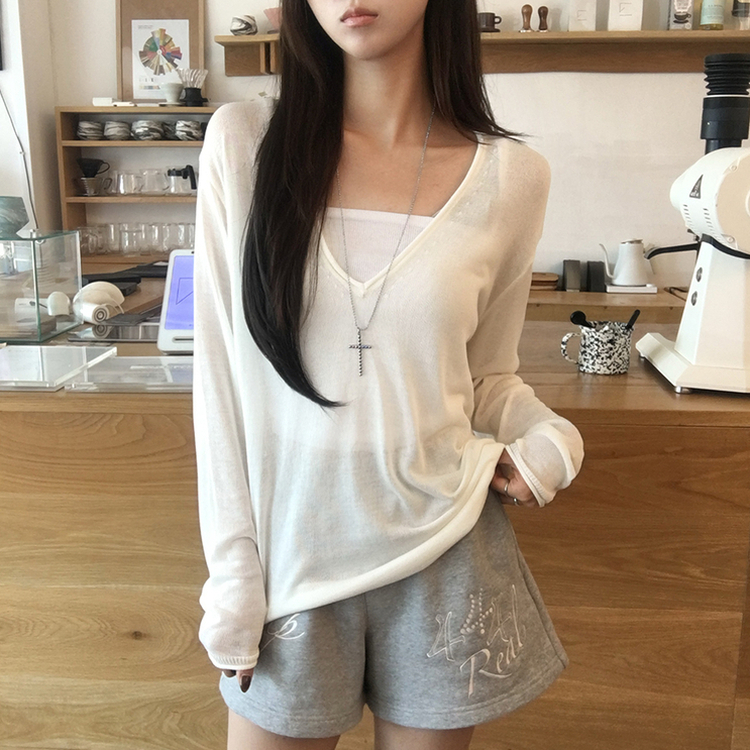 ディープVネックシアーレイヤード長袖ニット(5color) IVORY