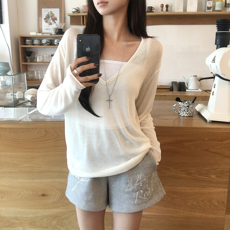 ディープVネックシアーレイヤード長袖ニット(5color) IVORY