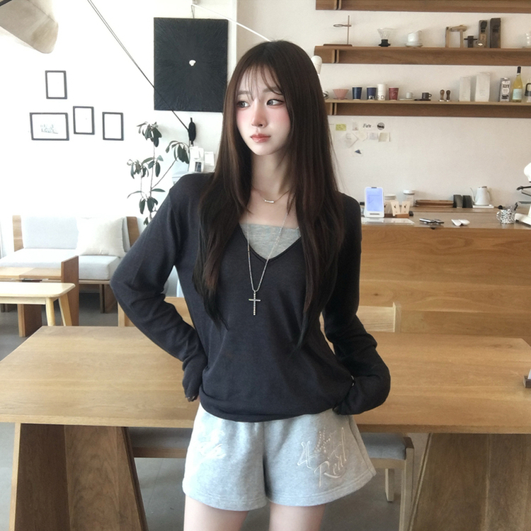 ディープVネックシアーレイヤード長袖ニット(5color) CHARCOAL