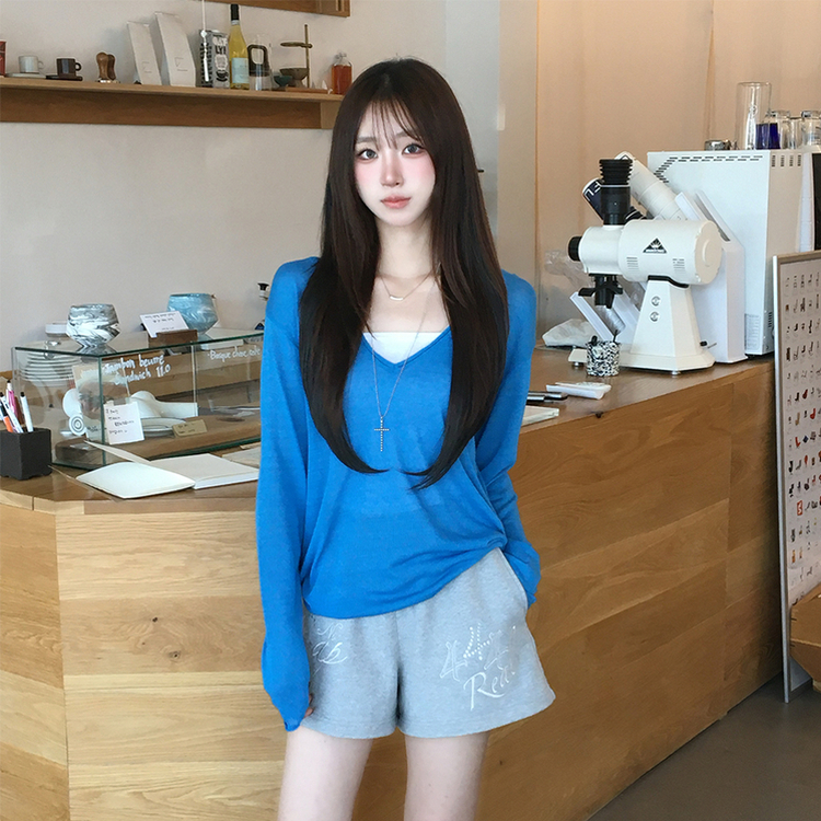 ディープVネックシアーレイヤード長袖ニット(5color) BLUE