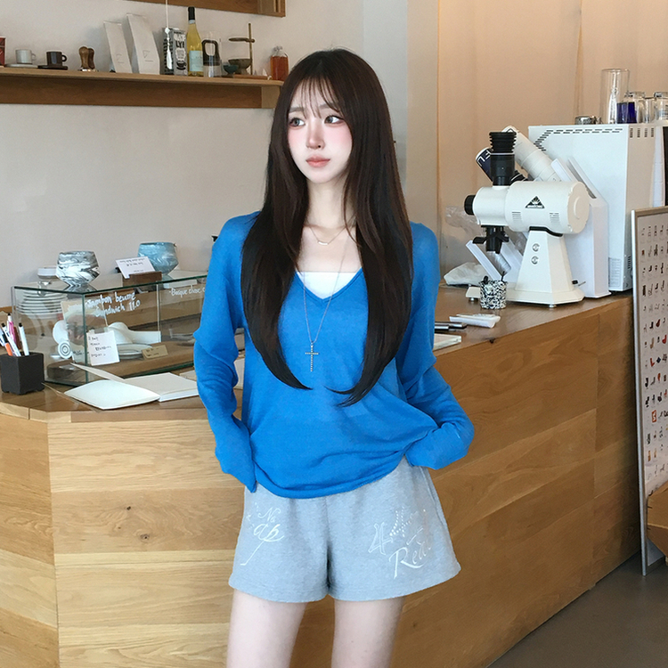 ディープVネックシアーレイヤード長袖ニット(5color) BLUE