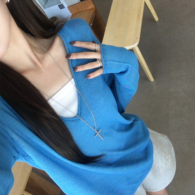 ディープVネックシアーレイヤード長袖ニット(5color) BLUE