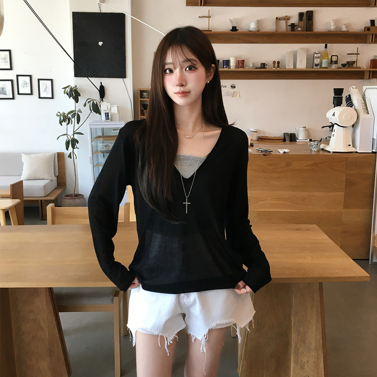 ディープVネックシアーレイヤード長袖ニット(5color) BLACK