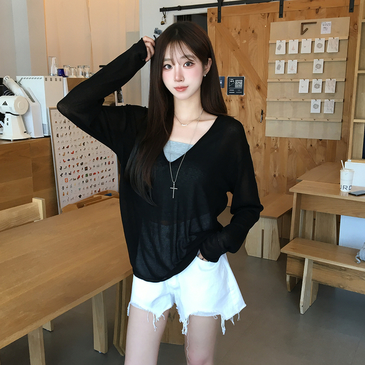 ディープVネックシアーレイヤード長袖ニット(5color) BLACK