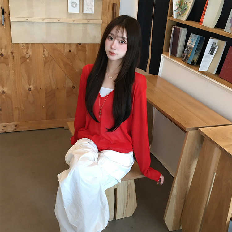 ディープVネックシアーレイヤード長袖ニット(5color) RED
