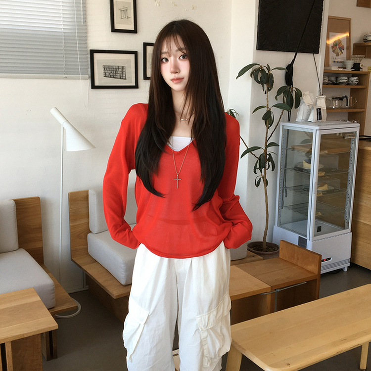 ディープVネックシアーレイヤード長袖ニット(5color) RED