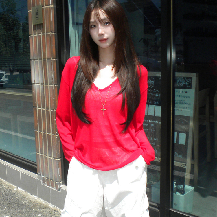 ディープVネックシアーレイヤード長袖ニット(5color) RED