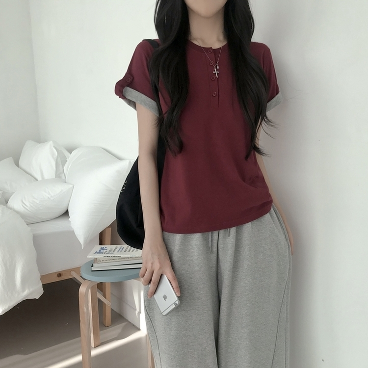 ロールアップヘンリーネック半袖Tシャツ(6color) WINE