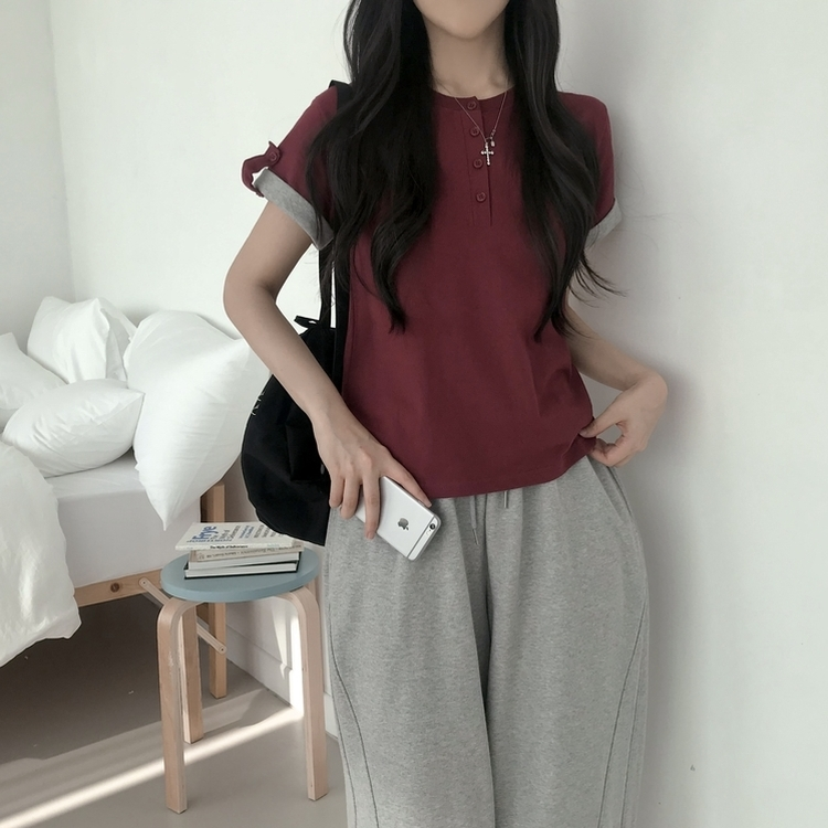 ロールアップヘンリーネック半袖Tシャツ(6color) WINE