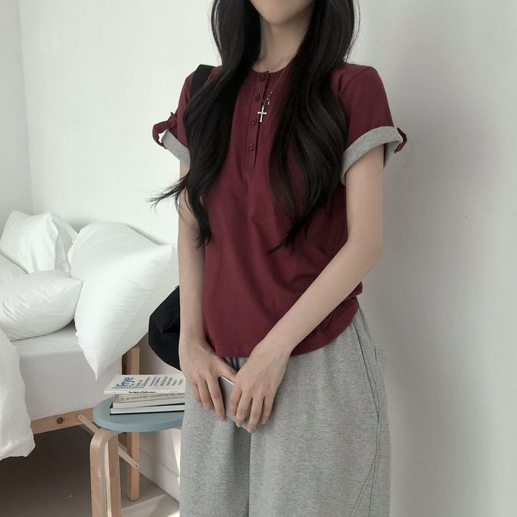 ロールアップヘンリーネック半袖Tシャツ(6color) WINE