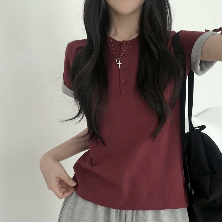 ロールアップヘンリーネック半袖Tシャツ(6color) WINE