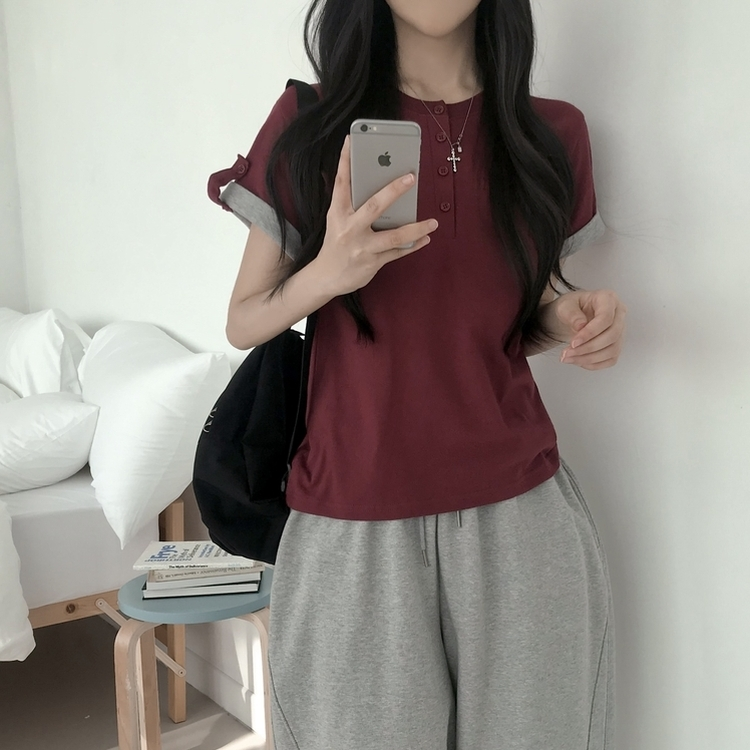 ロールアップヘンリーネック半袖Tシャツ(6color) WINE