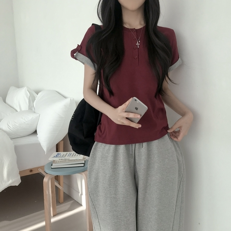 ロールアップヘンリーネック半袖Tシャツ(6color) WINE