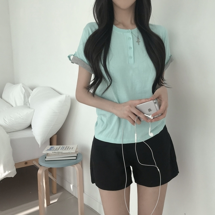ロールアップヘンリーネック半袖Tシャツ(6color) MINT