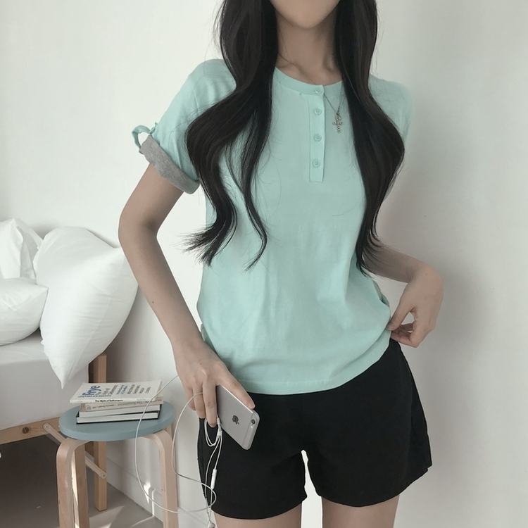 ロールアップヘンリーネック半袖Tシャツ(6color) MINT