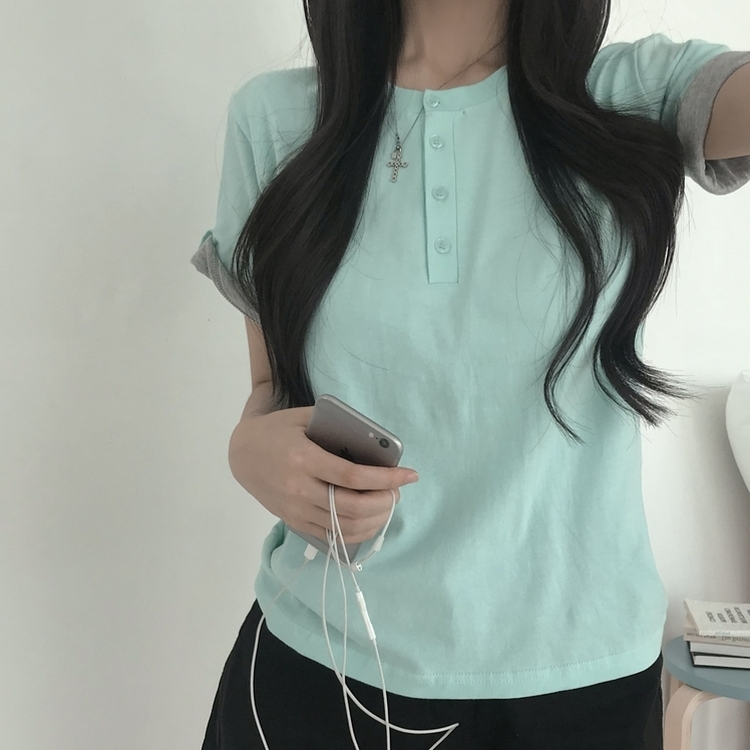 ロールアップヘンリーネック半袖Tシャツ(6color) MINT