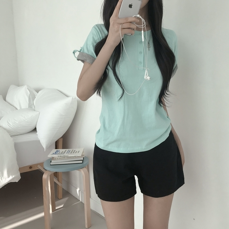 ロールアップヘンリーネック半袖Tシャツ(6color) MINT