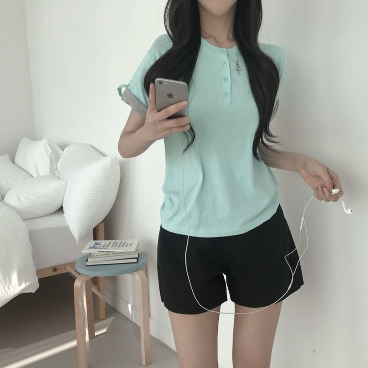 ロールアップヘンリーネック半袖Tシャツ(6color) MINT