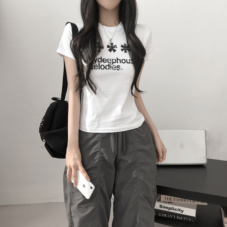 レタリングセミクロップ半袖Tシャツ WHITE