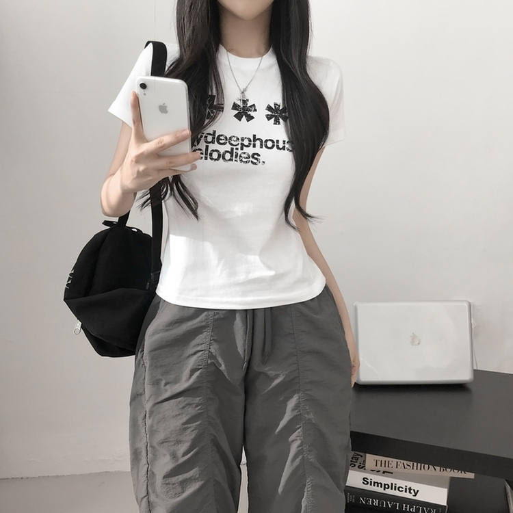 レタリングセミクロップ半袖Tシャツ WHITE