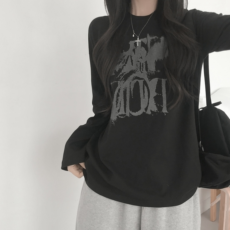 プリントルーズラウンドネック長袖Tシャツ BLACK