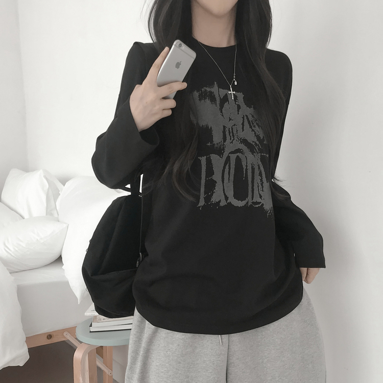 プリントルーズラウンドネック長袖Tシャツ BLACK