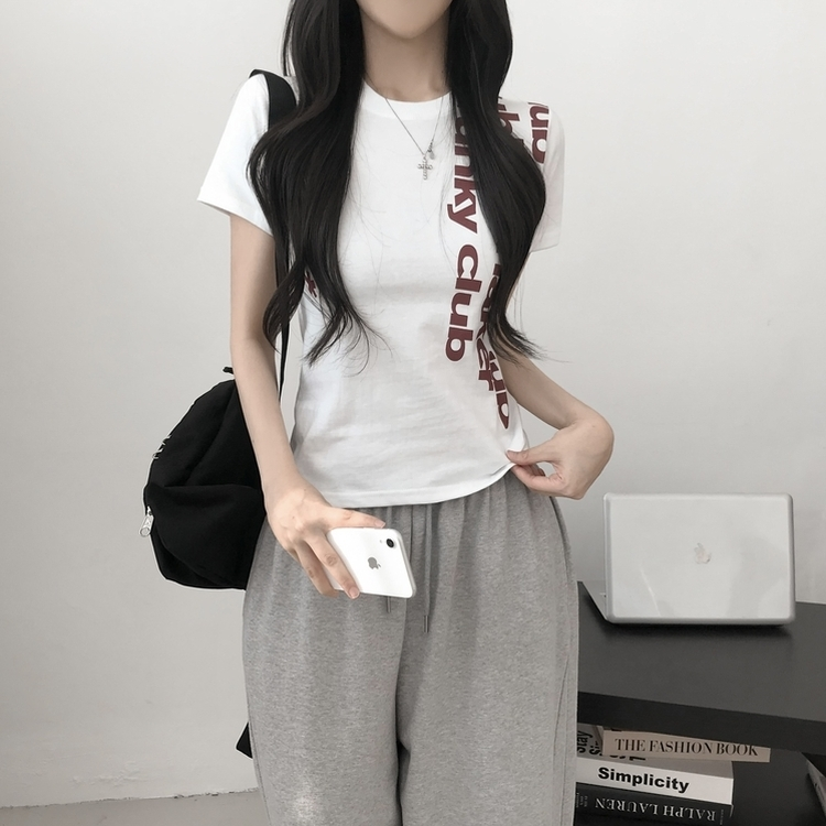 レタリングセミクロップド半袖Tシャツ WHITE