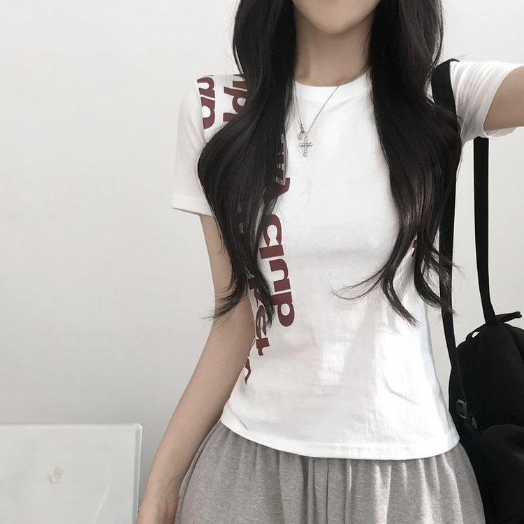 レタリングセミクロップド半袖Tシャツ WHITE