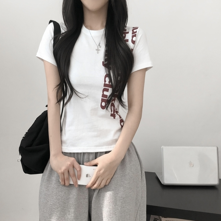 レタリングセミクロップド半袖Tシャツ WHITE