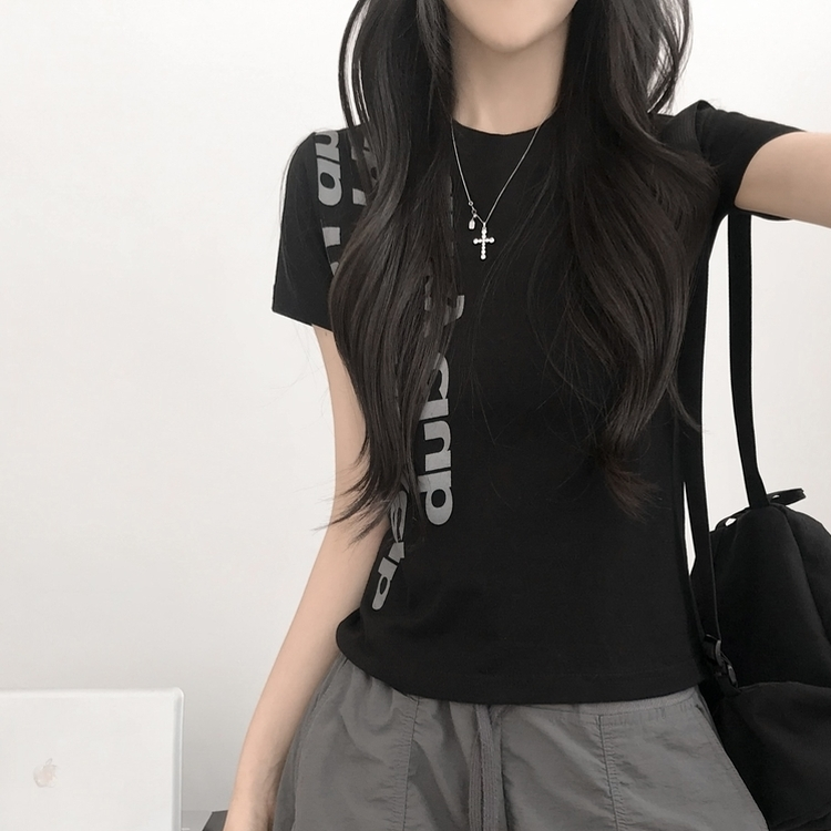 レタリングセミクロップド半袖Tシャツ BLACK