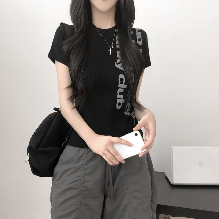 レタリングセミクロップド半袖Tシャツ BLACK
