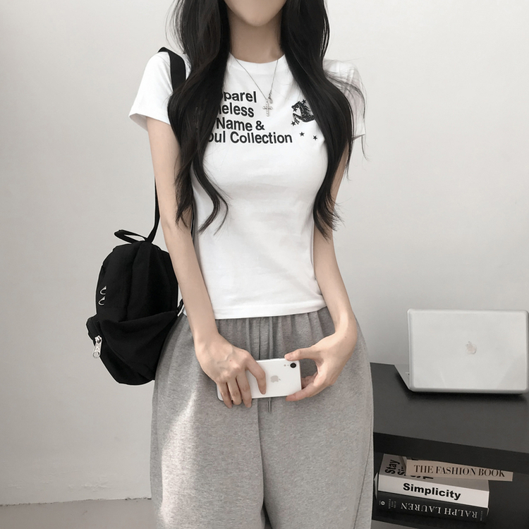 デイリーレタリングセミクロップ半袖Tシャツ WHITE