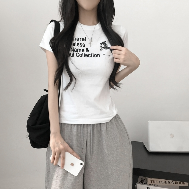 デイリーレタリングセミクロップ半袖Tシャツ WHITE