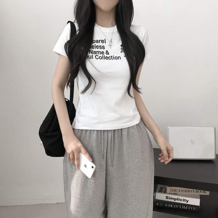 デイリーレタリングセミクロップ半袖Tシャツ WHITE