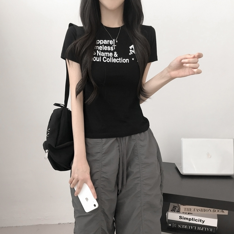 デイリーレタリングセミクロップ半袖Tシャツ BLACK