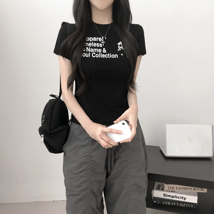 デイリーレタリングセミクロップ半袖Tシャツ BLACK