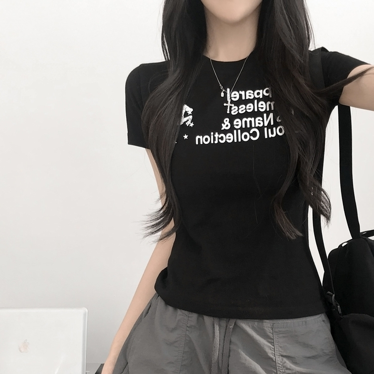 デイリーレタリングセミクロップ半袖Tシャツ BLACK