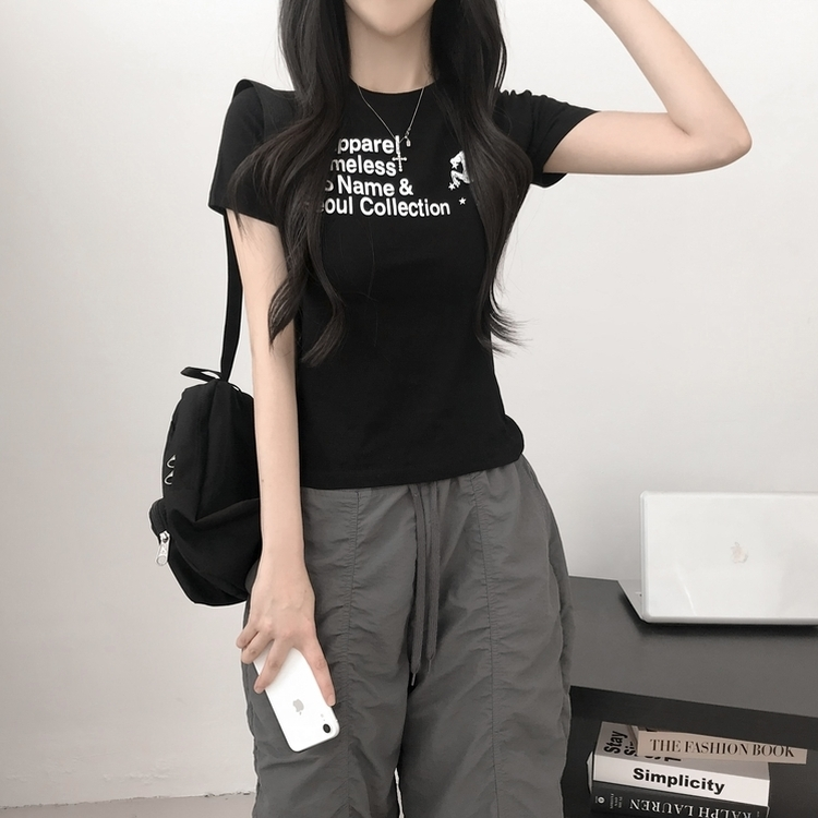 デイリーレタリングセミクロップ半袖Tシャツ BLACK